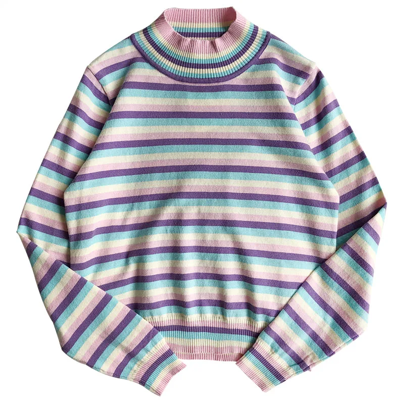 Новинка 2019 тонкий Радужный вязаный свитер полосатый стрейчевый с высоким
