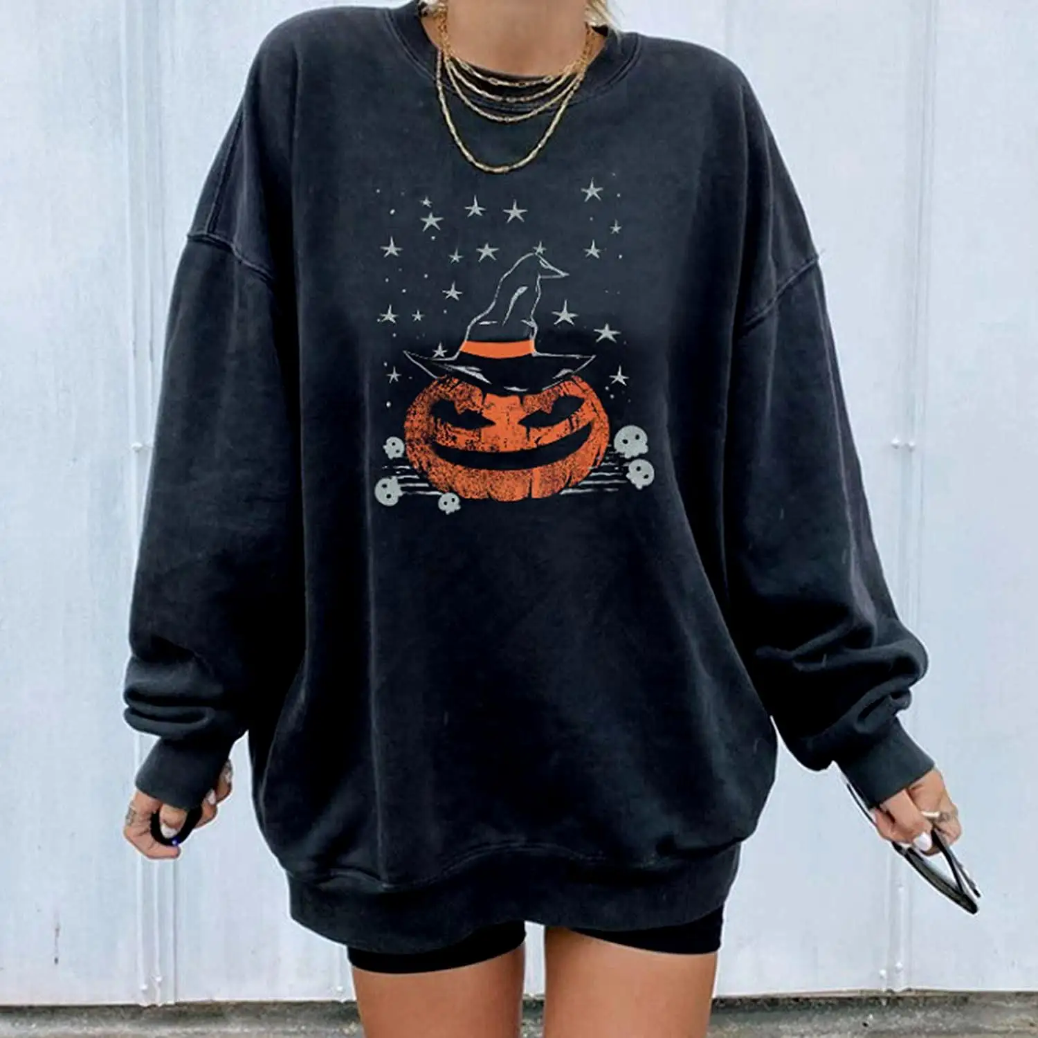 

Women New Fashion Oversized Sweatshirts, Ladies Autumn Pumpkin Witch Print Long Sleeve Round Neck Pullovers