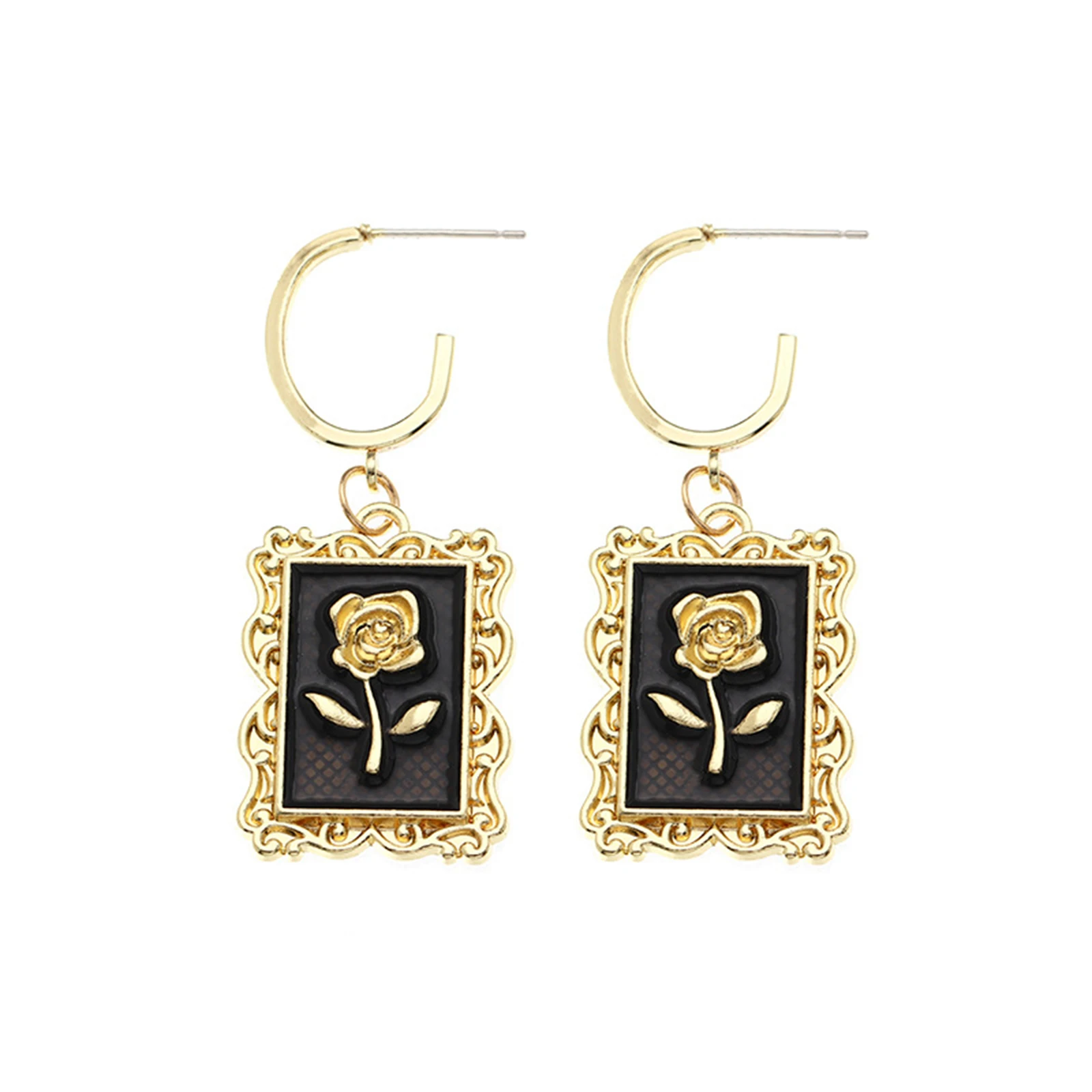 

Small Cute Earrings Rectangle Rose Flower Enamel Zinc Alloy For Women Girl Party Club Temperament Jewelry 50mm x 20mm, 1 Pair