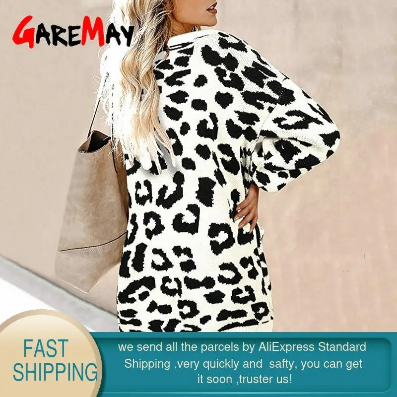 Женский длинный кардиган с леопардовым принтом Свободный вязаный свитер