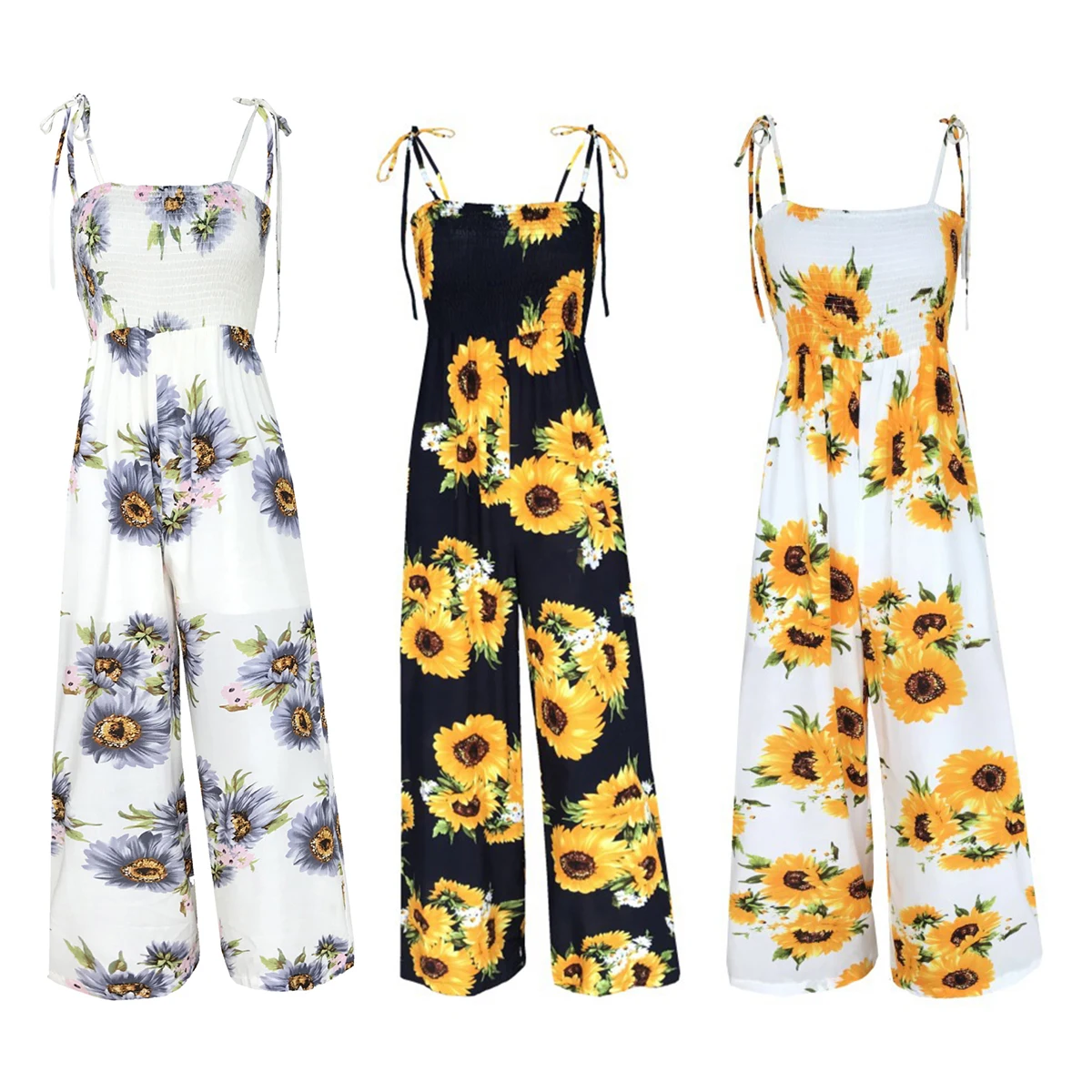

Summer Spaghetti Strap Jumpsuit 2020 Fashion Ladies Sunflower Printed Sleevless Tank Jumpsuit Long Romper Overalls Wide Leg Pant
