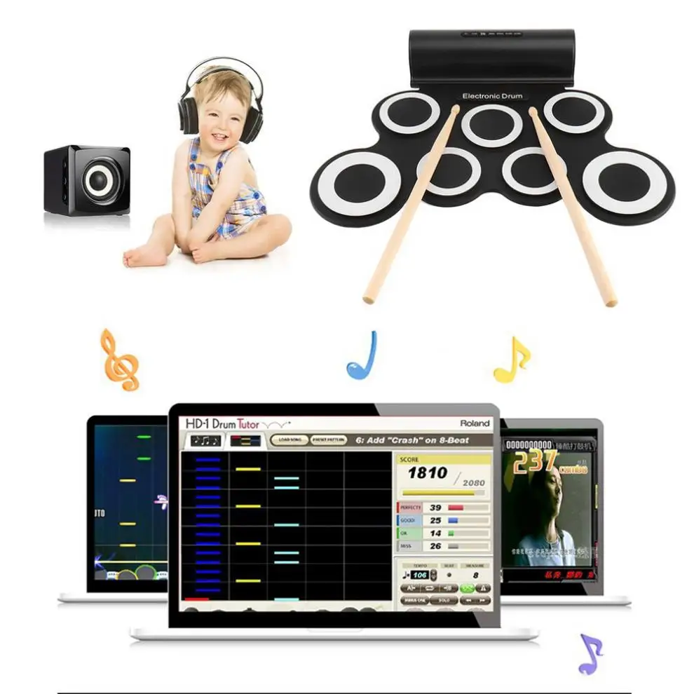 Portable Roll Up Electronic Drum Set 7 Silicon Pads Built-in Speakers with Drumsticks Sustain Pedal Support USB MIDI 2 Colors | Спорт и
