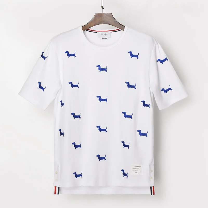 

TB THOM men's o-neck short sleeve with blue embroidery dog summer casual tees men cotton white t-shirts male youth