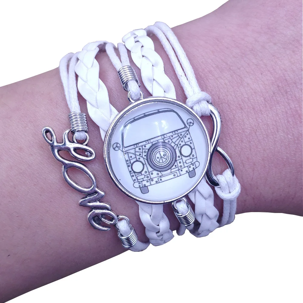 

10 Styles Hippie Peace Sign Van Bus Multilayer Leather Bracelet Punk Time Gem Male Men Party Birthday Father Gift AT251-260