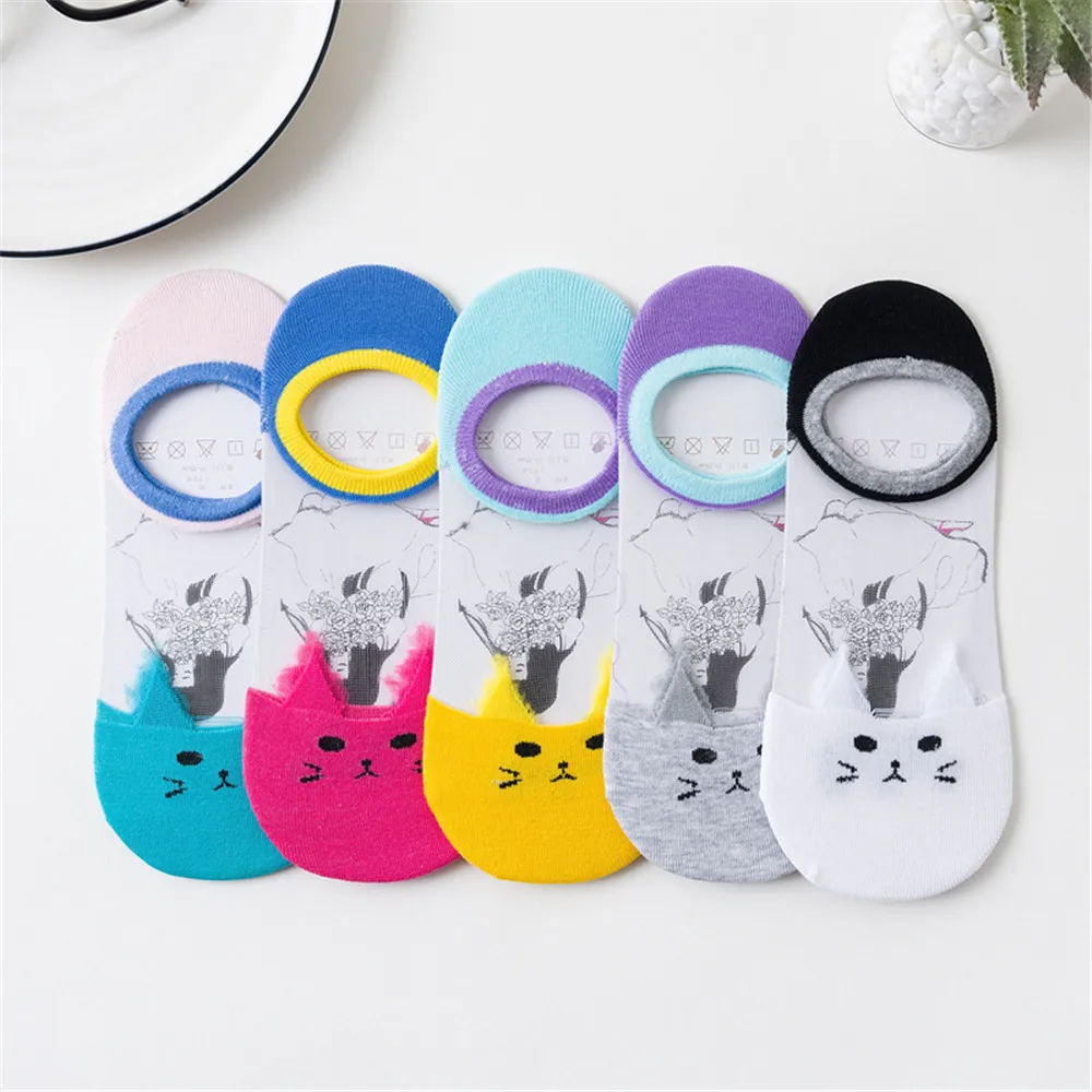 

Lace stockings women's socks thin socks cartoon kitten Japanese tulle socks parent-child invisible boat socks прозрачные носки
