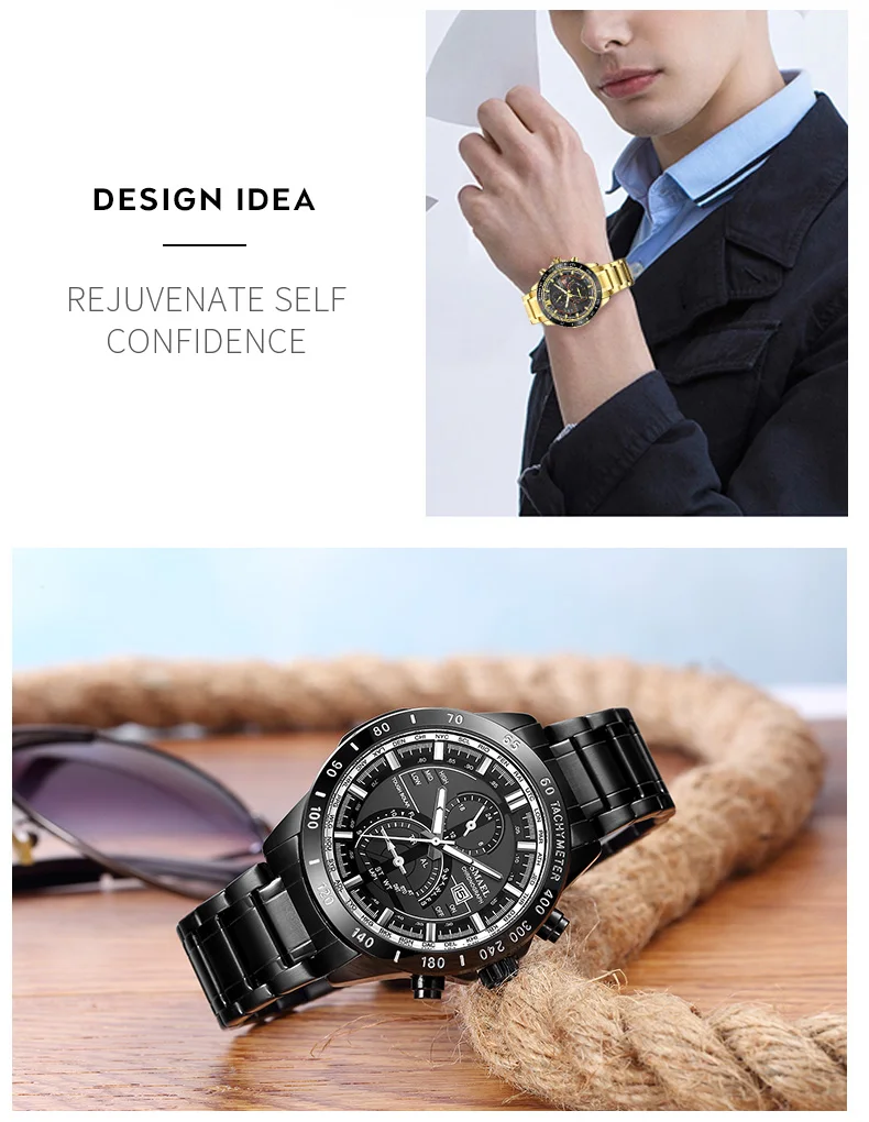 SMAEL Luxury Men Watches Gold Tone Stainless Steel Expansion Band Fashion Chronograph Quartz Watch Men Sport Wristwatch