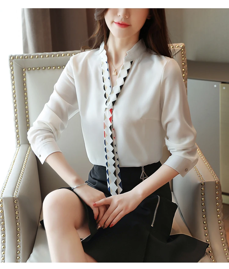 Dingaozlz blusa feminina Elegant Chiffon shirt Long sleeve Ladies blouse Red White Office lady shirt Patchwork Women Tops