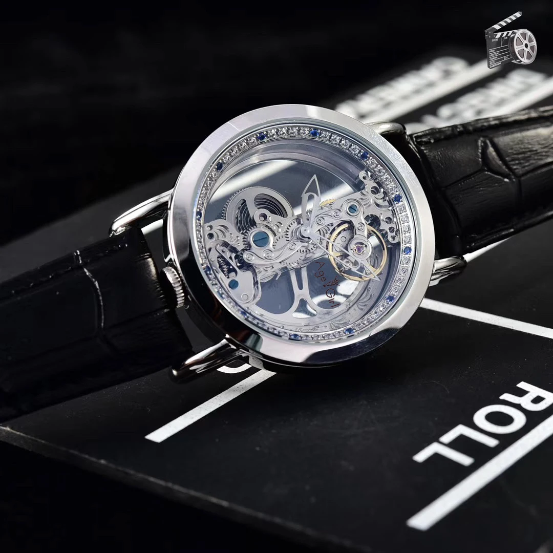 

Classic New Men Automatic Mechanical Watches Silver Gold Diamonds Waterproof Transparent Glass Skeleton Black Leather AAA+