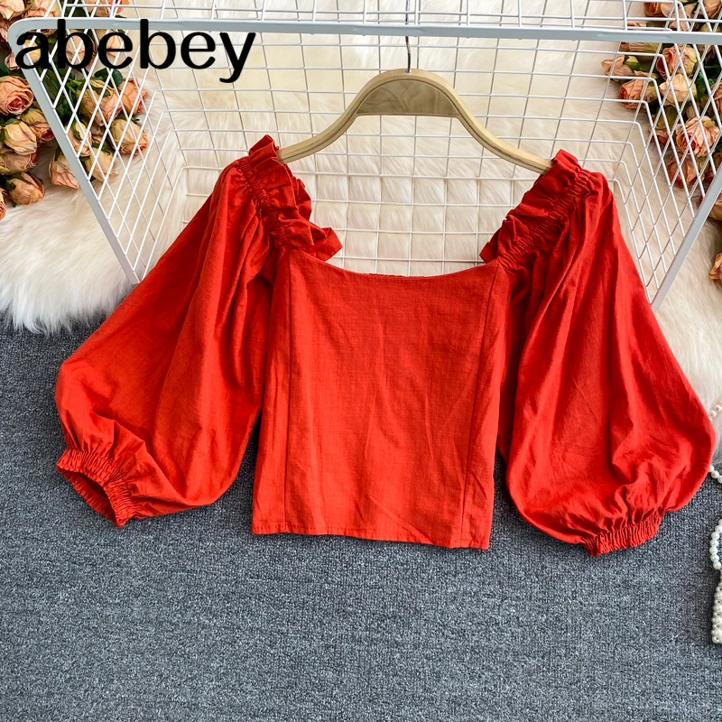 

2021 New Summer Sweet square collar puff sleeve Shirt Edible Tree Fungus edge high waist pleated short solid Shirt Top