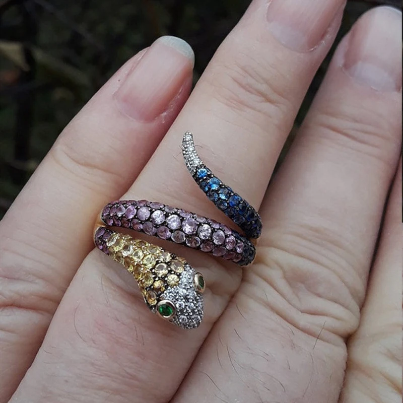 

New Luxury Vintage Purple Zircon CZ Crystal Colorful Snake Shape Rings For Women Wedding Engagement Jewelry Gift Indian Jewelry