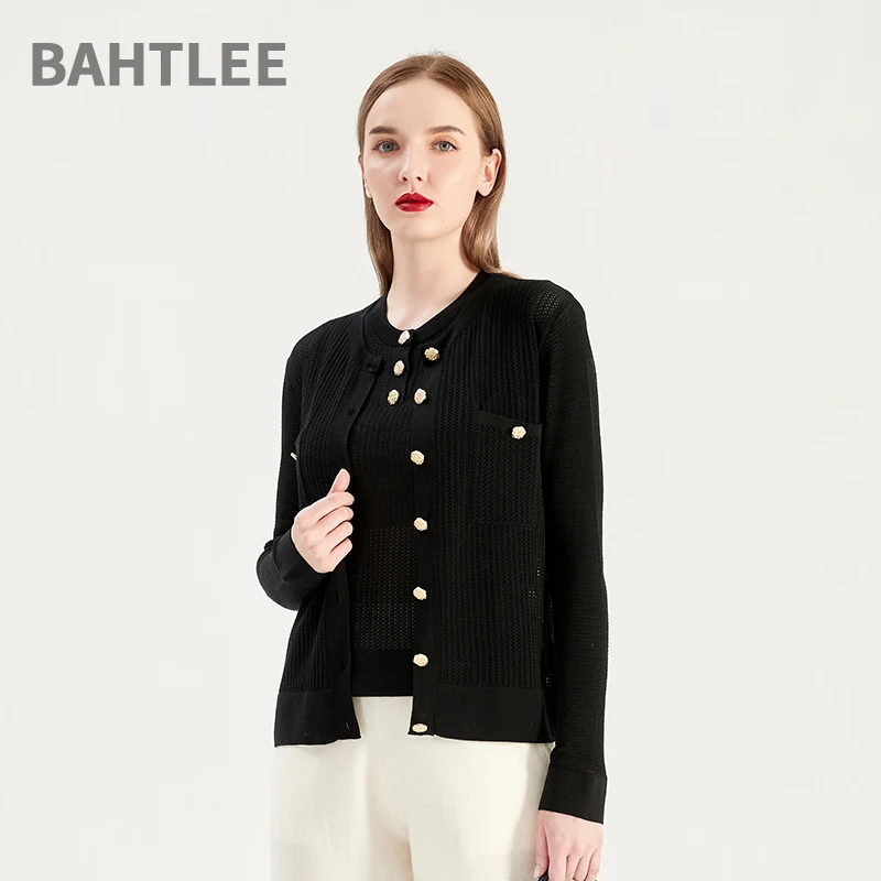 BAHTLEE Women Summer Tencel Cardigan Hollow Out Knitted Singel Breasted Long Sleeveles Gold Button O-Neck Sweaters  Geometric