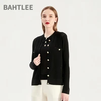 bahtlee women summer tencel cardigan hollow out knitted singel breasted long sleeveles gold button o neck sweaters geometric