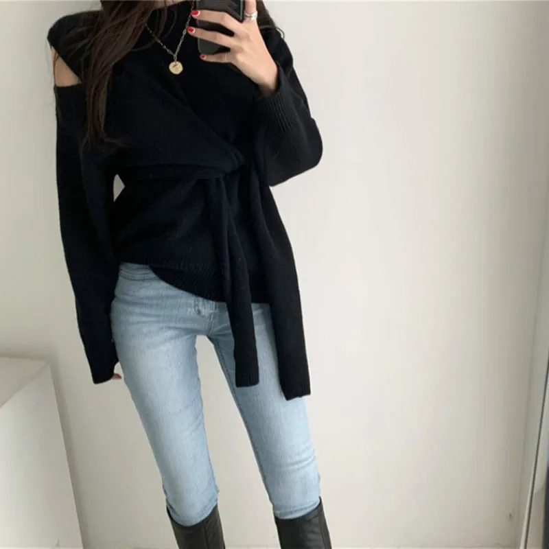 Neploe Pull Femme, длинный рукав, сексуальный пуловер без бретелек, свитер на шнуровке, вязаный джемпер, корейский стиль, Элегантные вязаные топы 56496
