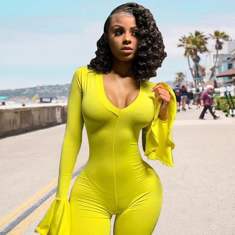 Осенний комбинезон Женский бандажный с v образным вырезом длинным рукавом