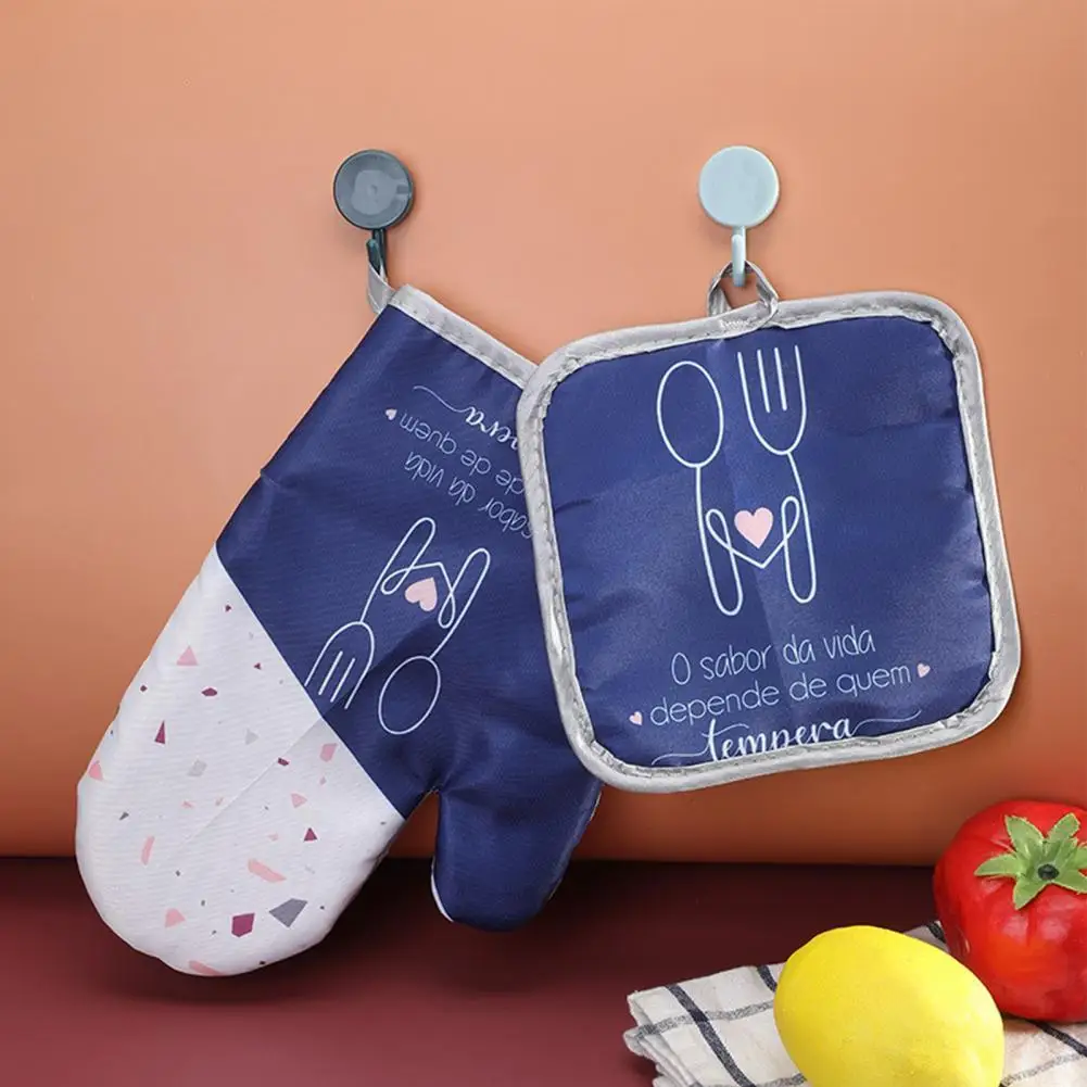 

1 Set Oven Mitt BBQ Grilling Cooking Gloves Heat Resistant Anti-scalding Cotton Thick Insulation Baking Glove Set for Kitchen