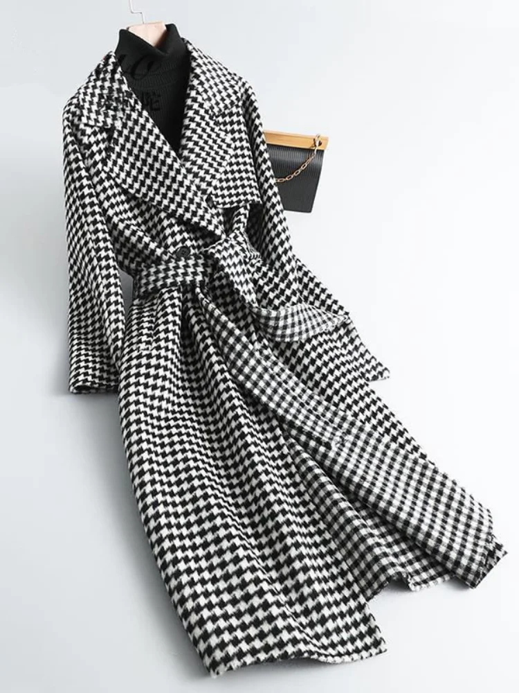Женское шерстяное пальто в клетку офисное средней длины с длинным рукавом Одежда