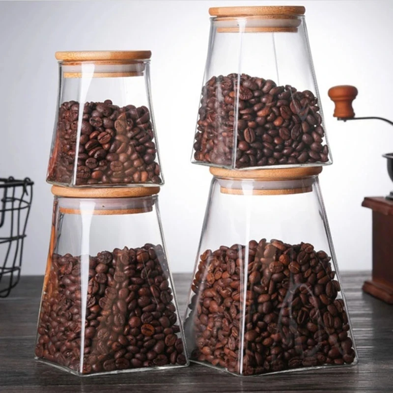 

Wood Lid Storage Bottle Glass Airtight Canister Moisture-proof Coffee Beans Tank Tea Jar Organizer Square Dried Fruit Container