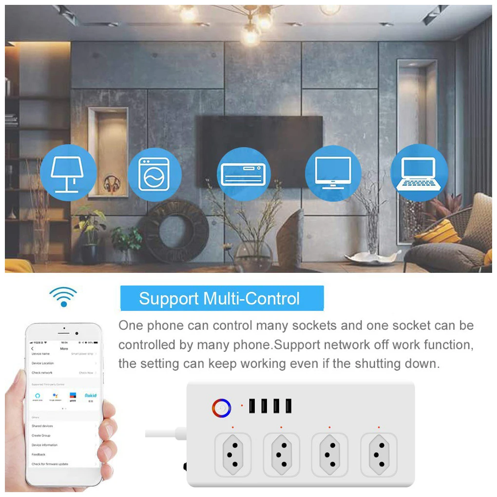 Бразильский смарт удлинитель с Wi Fi 4 розетки 4usb порта 1 м голосовые работы Alexa Google