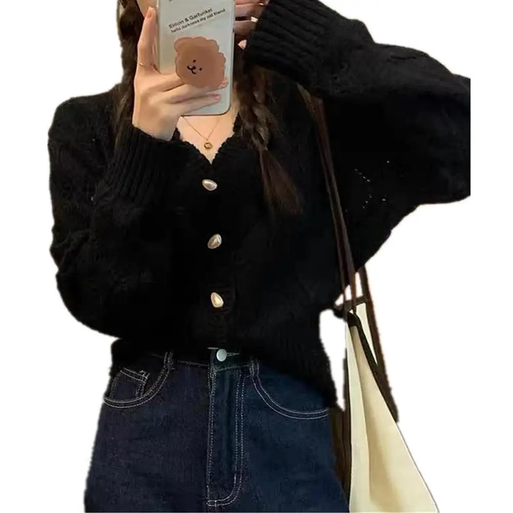 

Женский однобортный Кардиган, однотонный короткий свитер на пуговицах, Осенний Вязаный Кардиган с длинным рукавом, уличная теплая куртка, т...