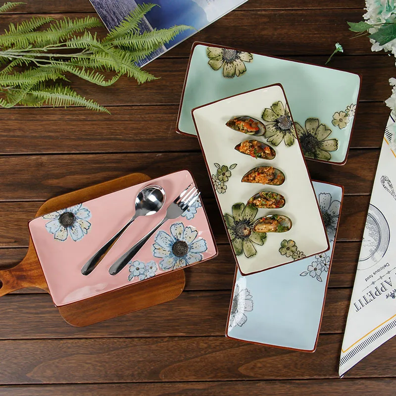 

12 inch rectangular large plate Japanese underglaze hand-painted autumn sushi plate ceramic salad fish dish ceramic plate