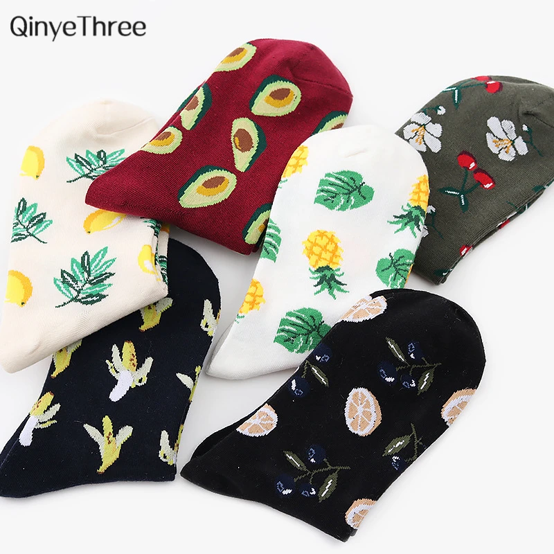 Summer Korean Happy Fruits Socks Lemon Avocado Pineapple Cherry Blueberry Orange Gardenias Banana Leaves Printed Unisex sox