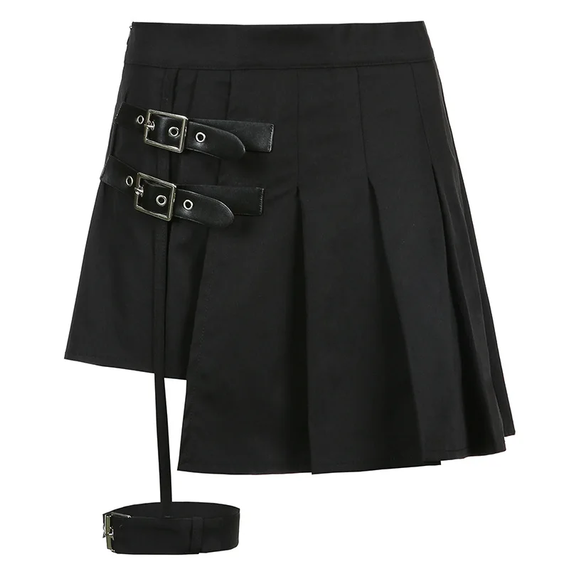 

2021New Women Gothic Punk High Waist Pleated Black Mini Skater Skirt With Garter Thigh Ring Shorts Harajuku Buckle Belt Asymmetr