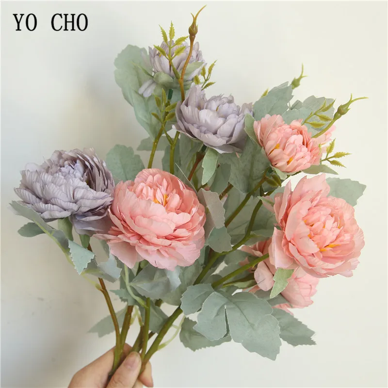 

YO CHO Artificial Flower 3 Heads Silk Rose DIY Flower Arrangement Long Branch Fake Peony Home Party Decor Girl Wedding Supplies