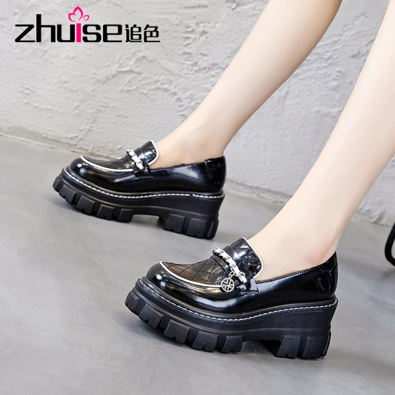 

British style small leather shoes thick-soled autumn all-match one-step platform shoes loafers patent leather single shoes
