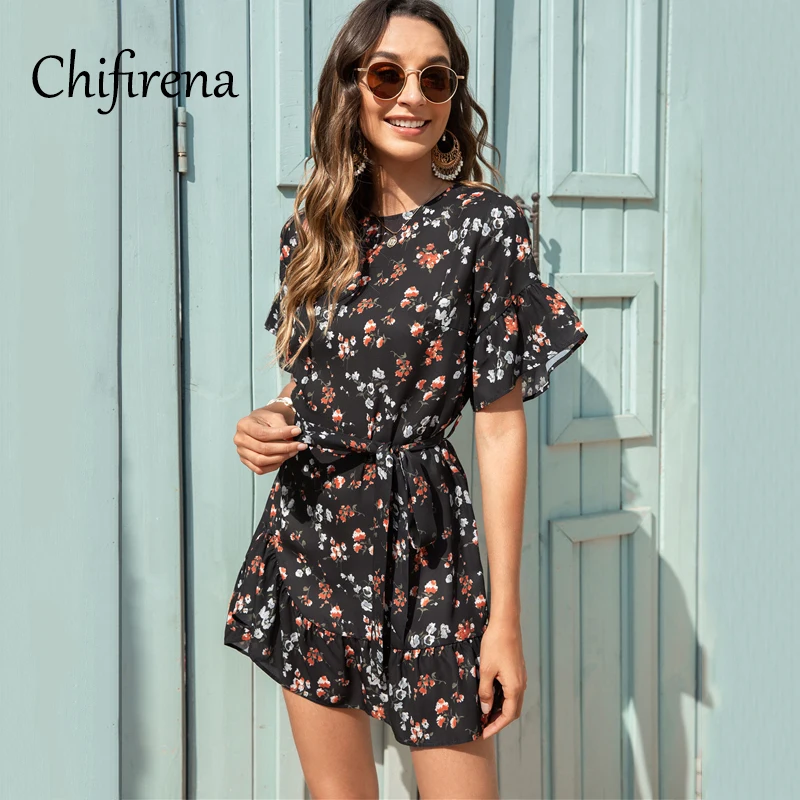 

Chifirena Summer Bandage Women's Dress 2021 Short Sleeve O Neck Sexy Dresses Ruffles Floral Print Sundress Beach Boho Mini robe