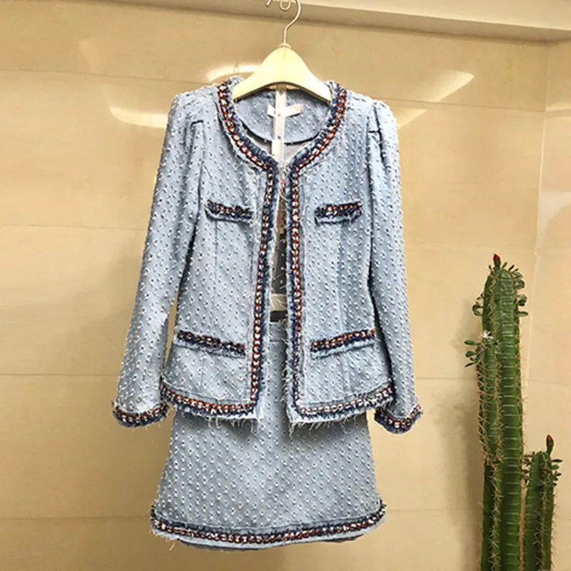 

Autumn Denim Patchwork Designer Runway Women Cardigan Jacket Coat+Bodycon Mini Pencil Skirt Suit Work Casual 2 Piece Set N9236