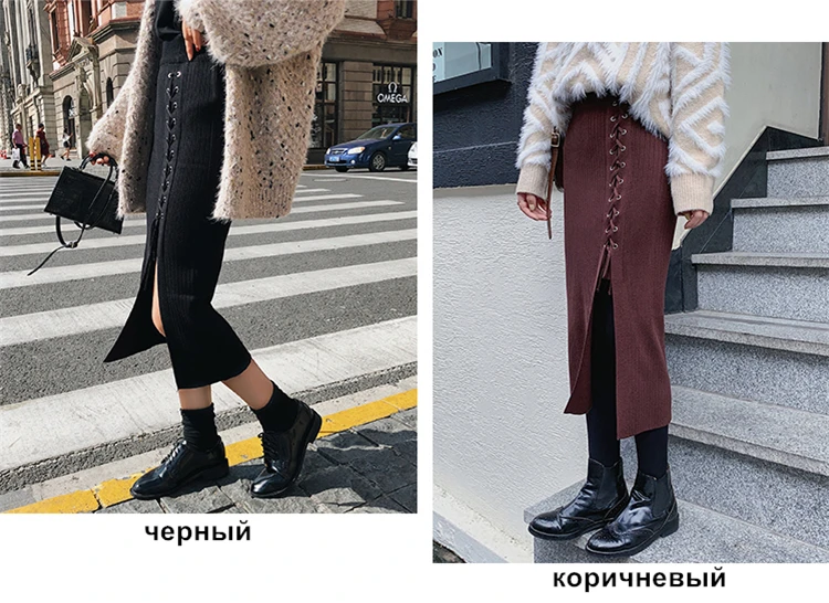 Colorfaith Новинка осенне-зимние женские вязаные юбки с разрезом на шнуровке, женские бедра, высокая талия в Корейском стиле, миди SK7744