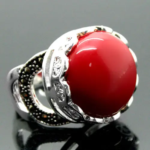 Оптовая продажа хорошее 16 мм 925 серебро красный коралл Бали ручной работы кольцо