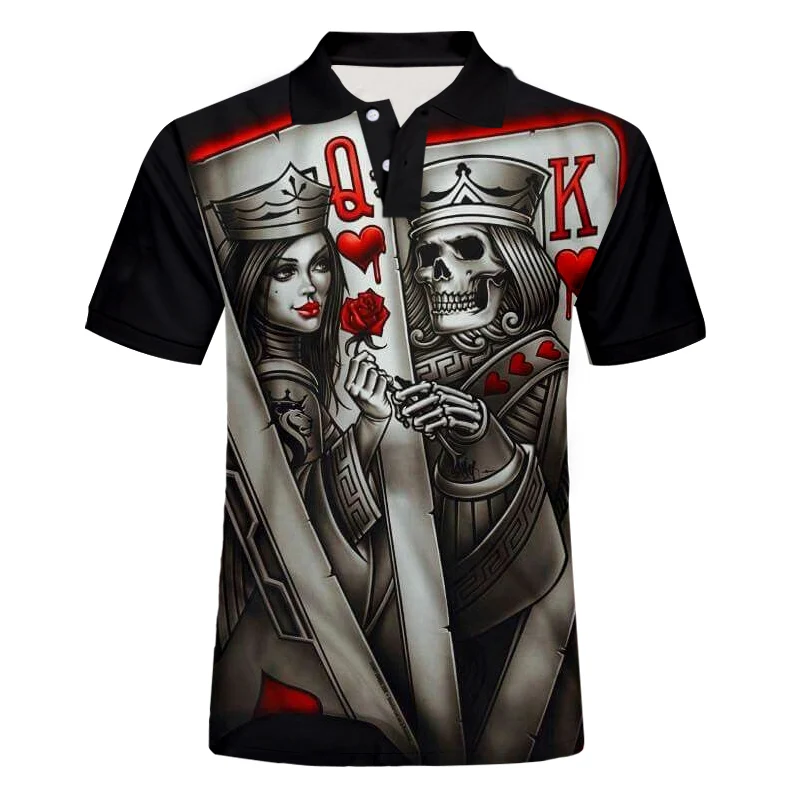 

UJWI Summer Top Men's 3D Poker Queen King Skull Printed Custom Polo Shirt Man Casual Male Body Building Oversized Shirt Dropship
