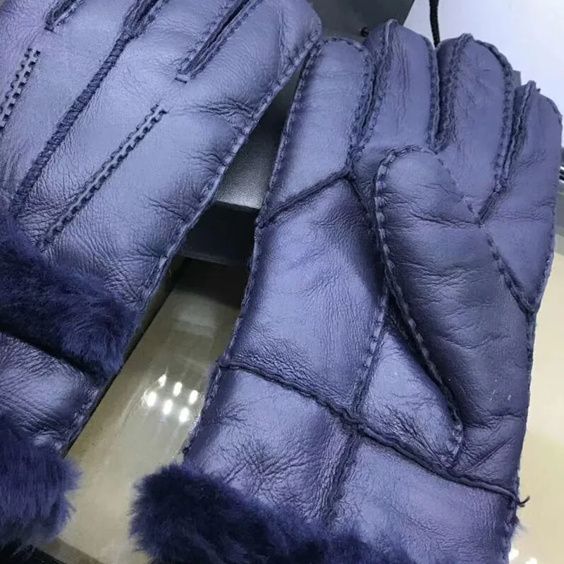 Dark Blue Зимние перчатки из натуральной овчины для мужчин и женщин, парные перчатки из натуральной овчины и кашемира, теплые кожаные перчатки на весь палец - Цвет: Dark Blue