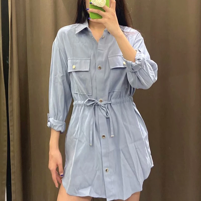 

TRAF Women Jacket With Drawstring Solid 2021 Vintage Long Sleeve Coat Pockets Single Breasted Female Outerwear Causal Chic Tops