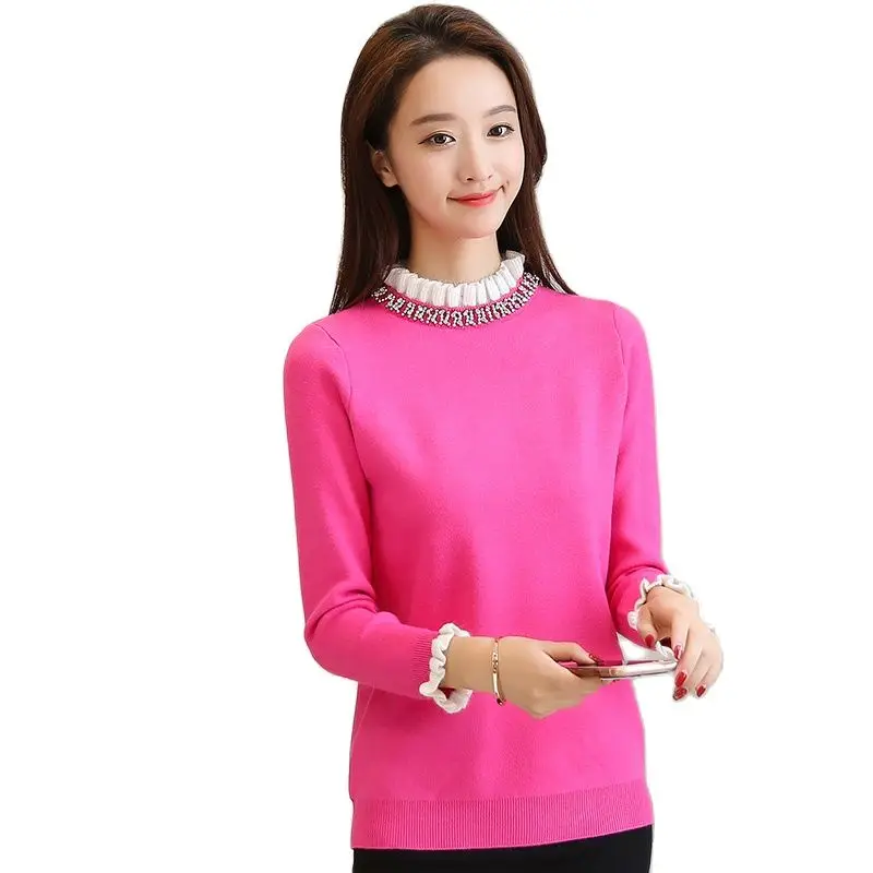 2021 new Autumn and winter long sleeved head fungus collar sweater female Korean version of slim solid knit shirt | Женская одежда