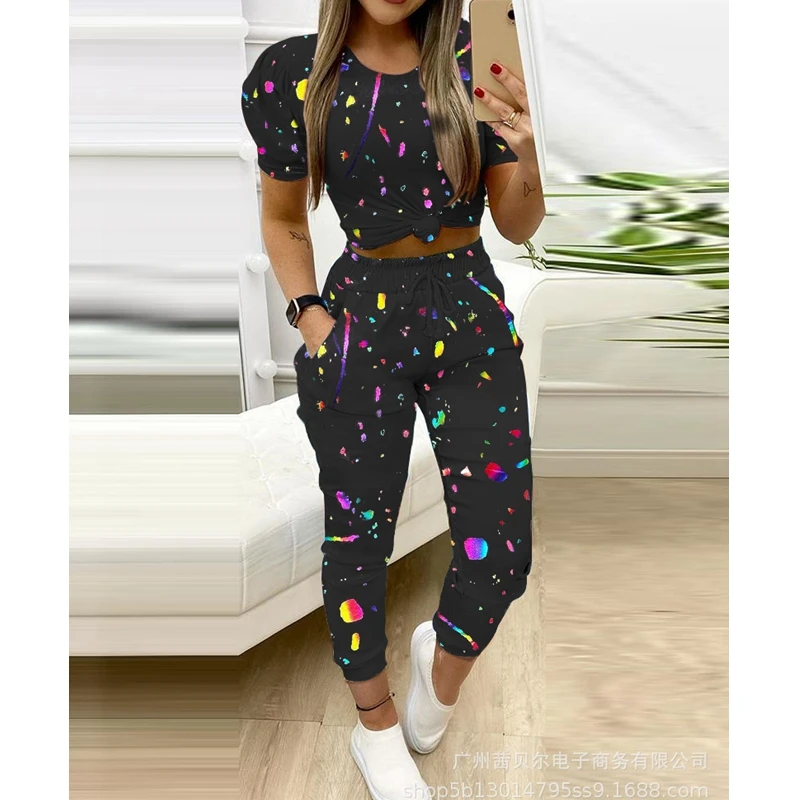 

Mandylandy Women's Sexy Printed Loose Sports Suit Summer High Waist Pocket Pencil Pants + Short Sleeve O-Neck T-shirt Suit