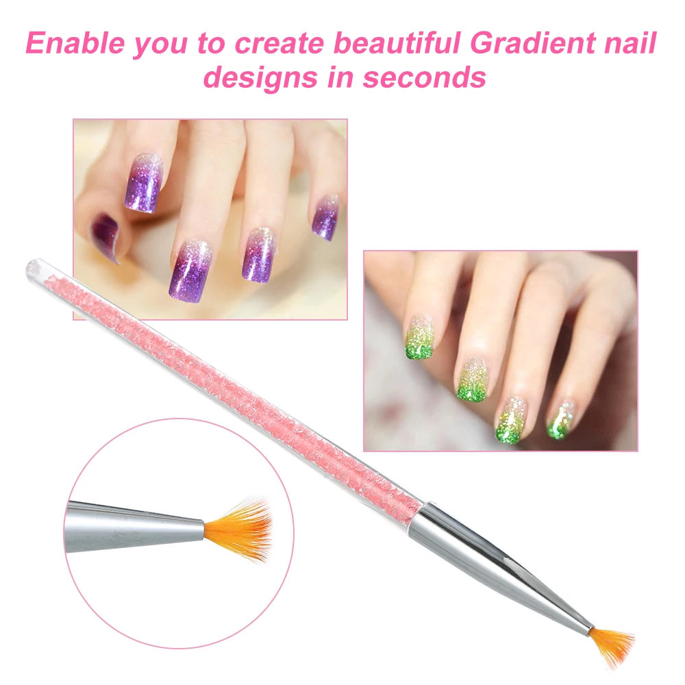 Градиентная Веерная Кисть для ногтей розовая ручка блестящая в УФ свете пудра