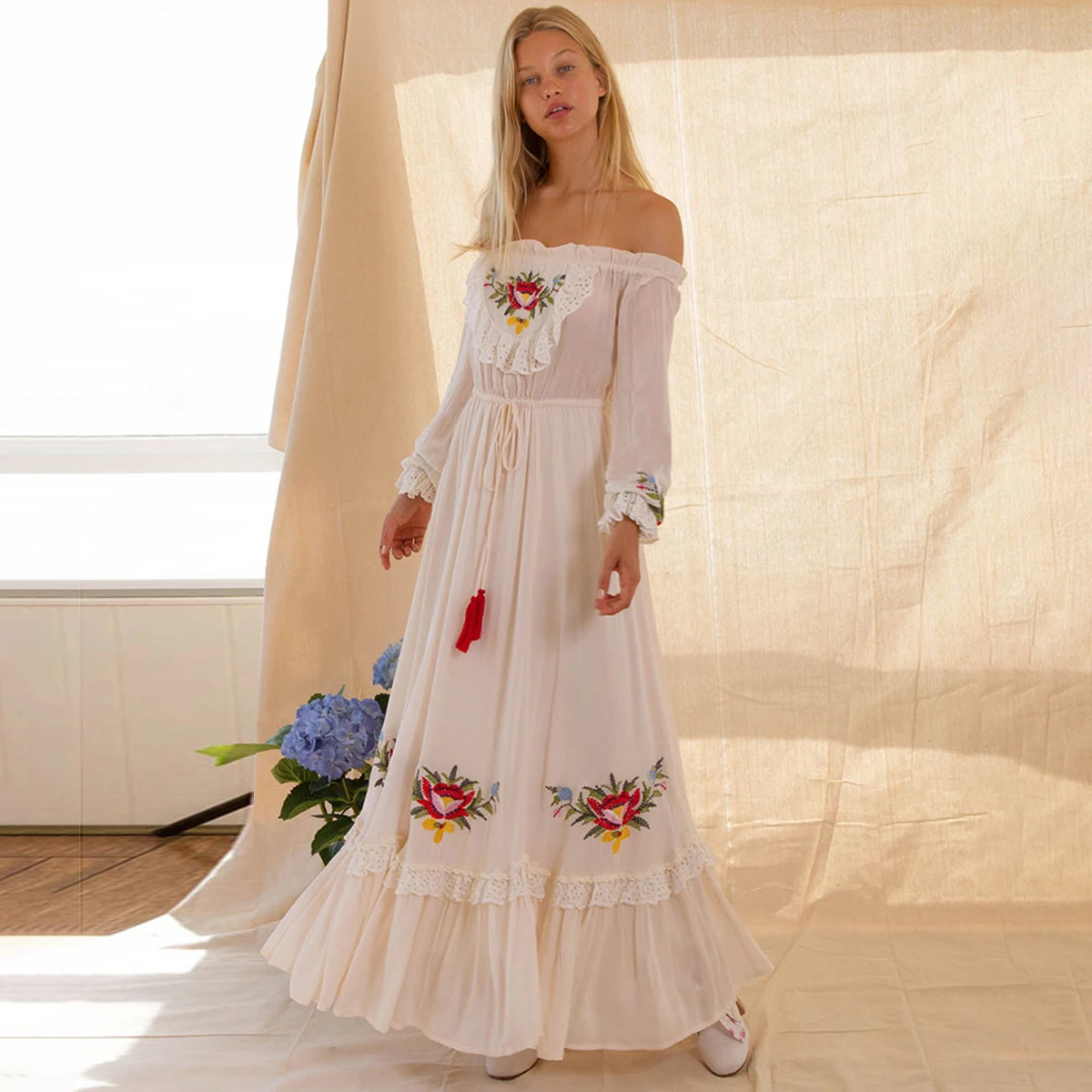 

Jasie Boho Floral Embroidered Midi Dress Autumn Women Off the Shoulder Chic Ruffle Trim Beach Dresses 2022 Vintage Sundresses