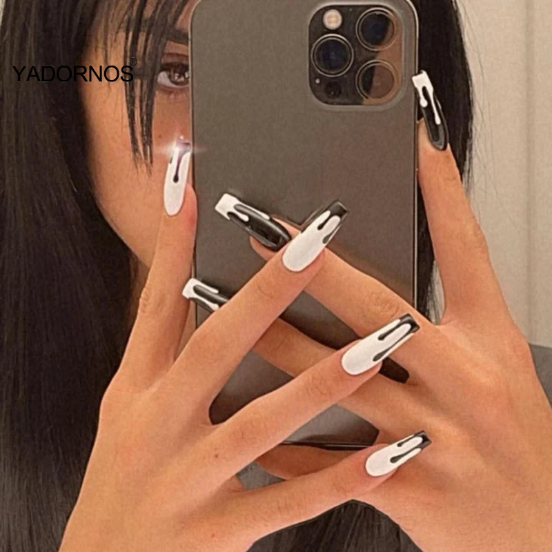 

24 шт. накладные ногти с клеем, черно-белая накладка, клей-тип, съемный длинный абзац, маникюр, Сэкономьте время, накладные ногти