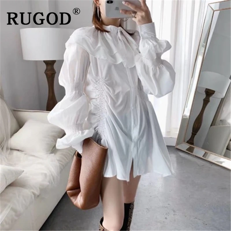 RUGOD корейское шикарное однотонное женское платье элегантное с оборками и