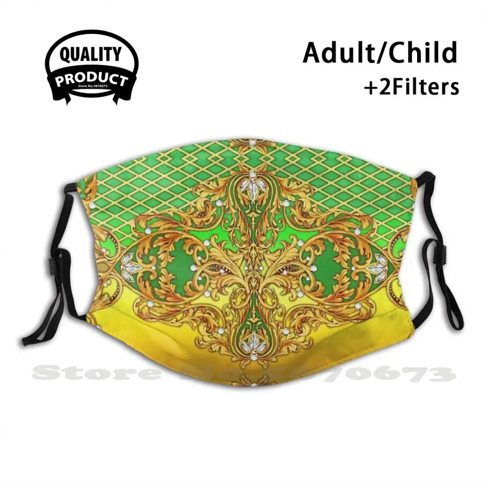 

Baroque Yellow Decorative Luxury Golden Ornamental European Design Fashion Mouth Masks Filter Adult Kids Face Mask Baroque