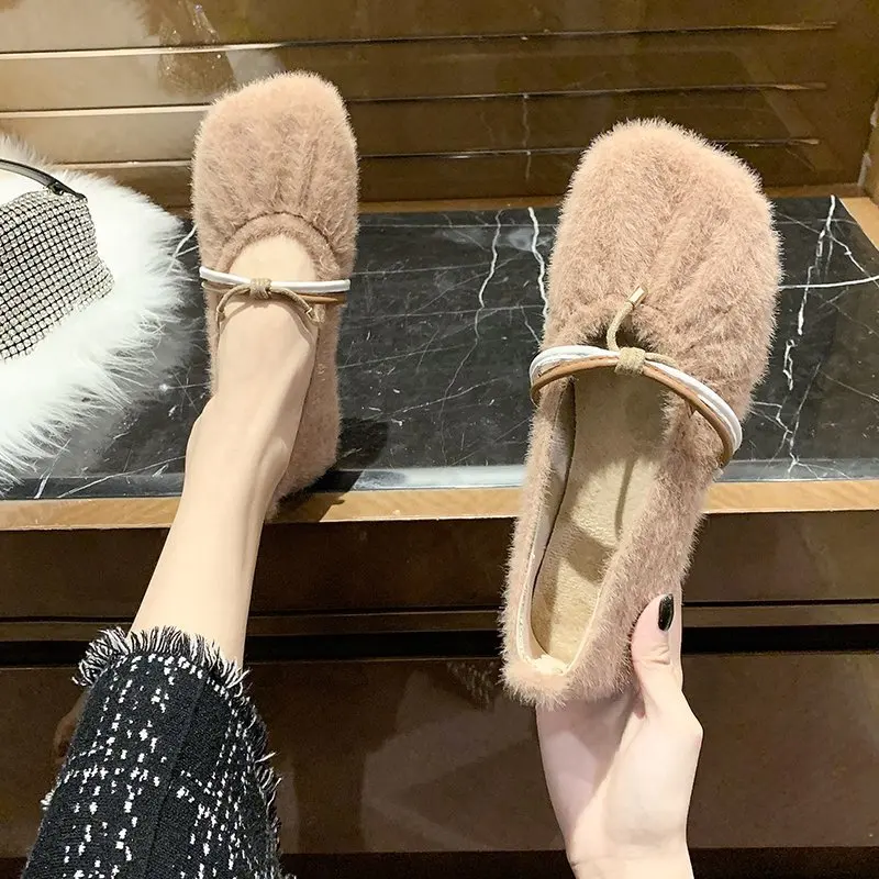 

Fashion Autumn Casual Shoes Woman Ballets Flats Butterfly Knot Slip on Winter Women Shoes Warm Plush Fur Flats Ladies Loafers