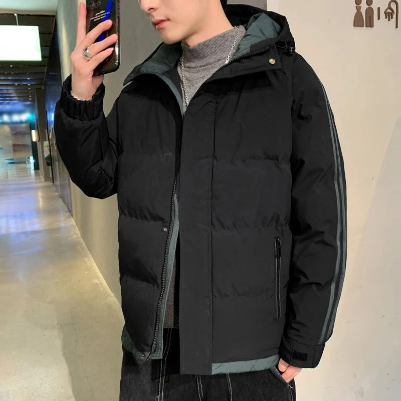 Men's Down Jacket Striped Thick Loose Down Hooded Boy Trench Coats Autumn Winter Clothing Hoodies Windbreaker Overcoat for Men