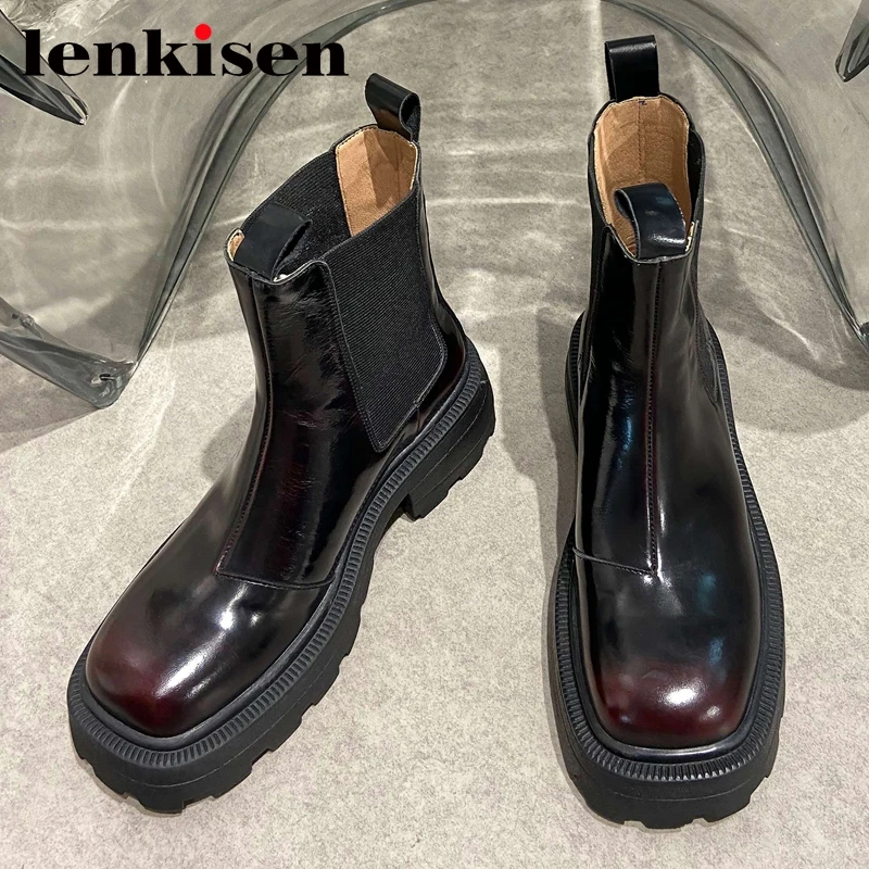 

Lenkisen new arrival Chelsea boots cow leather round toe thick bottom British style vintage slip on convenient ankle boots L64