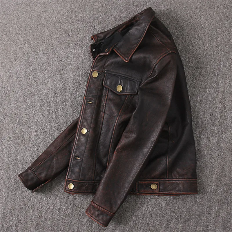 

Vintage Brown 2020 Men American Casual Style Leather Jacket Plus Size XXXL Genuine Thick Cowhide Spring Natural Leather Coat