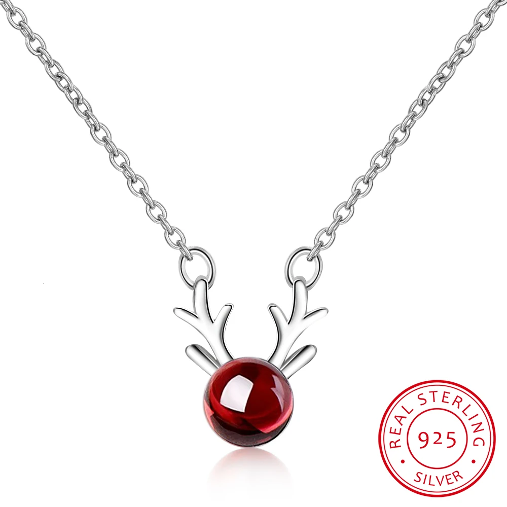 

925 Sterling Silver Fine Jewelry Elk Deer Antlers Shape Necklace With Red Garnet Necklaces & Pendants For Women