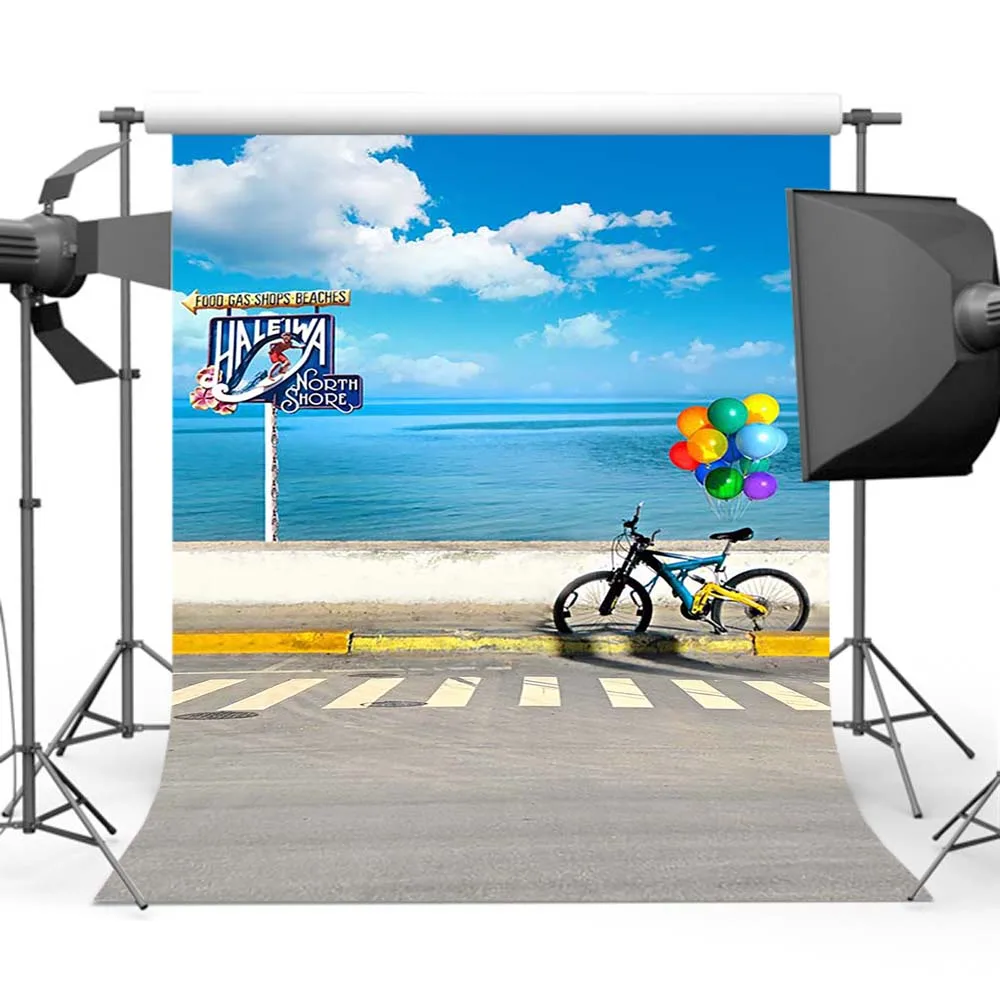

Summer Blue Sea Sky Backdrop Photography Balloon Bike Background for Photo Studio CM-5495