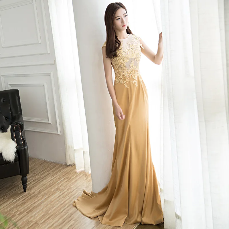 

Champagne Sleeveless Fishtail Sexy Party-dress Celebrity Host Evening Dress Banquet Formal Elegant Noble Soft Comfortable