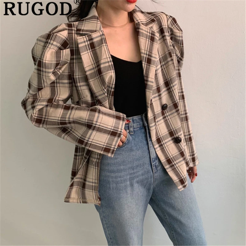 RUGOD, модные женские клетчатые куртки ins, корейский стиль, с пышными рукавами, с длинным рукавом, на шнуровке, для офиса, для девушек, Блейзер, куртки, Ретро стиль, Auturm, пальто